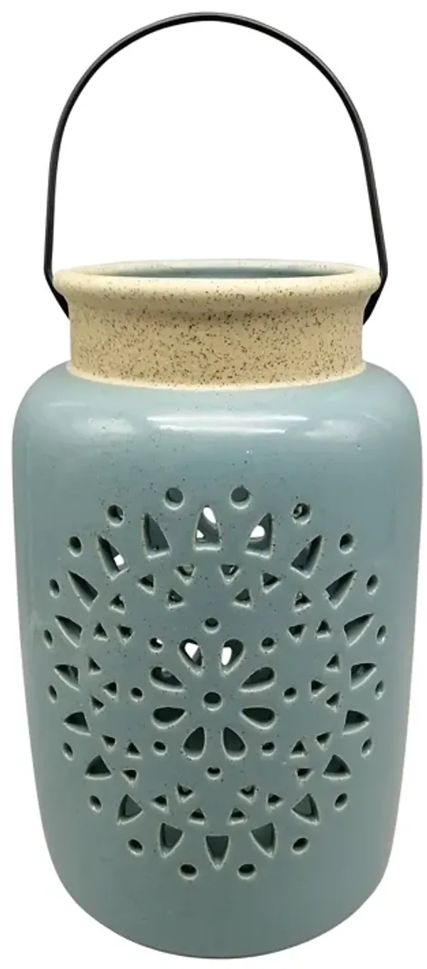 Cer, 9"h Flower Cut Out Lantern, Cameo Blue