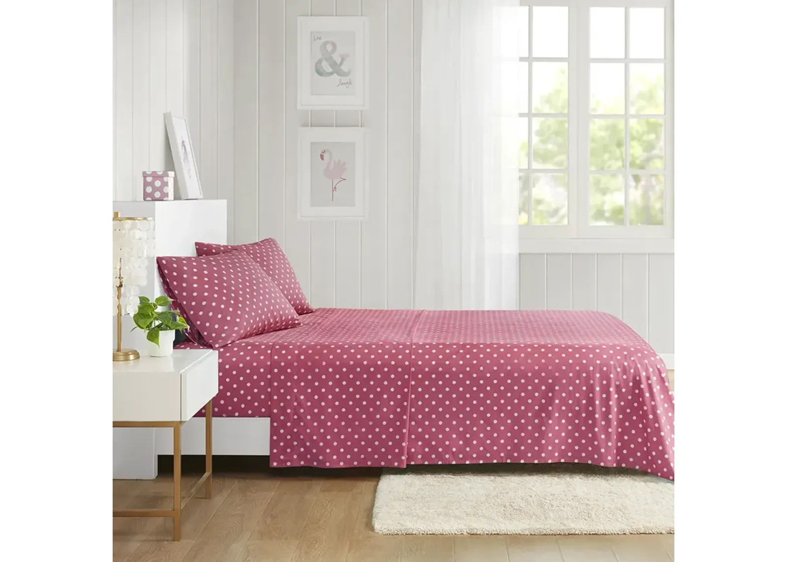 Mi Zone Polka Dot Dark Pink Printed 100% Cotton Sheet Set