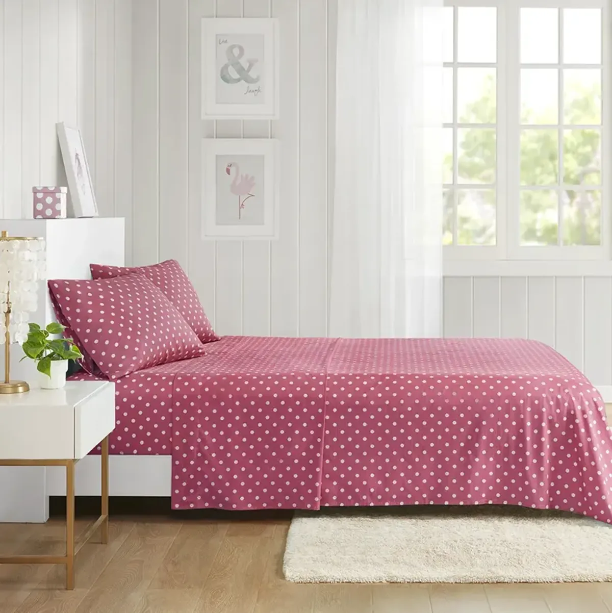 Mi Zone Polka Dot Dark Pink Printed 100% Cotton Sheet Set