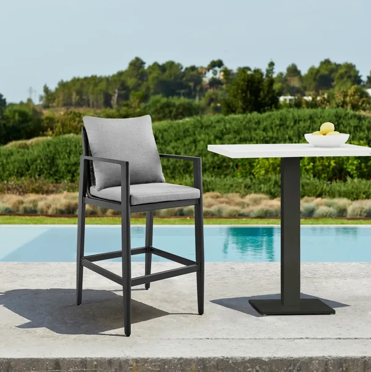 Grand Outdoor Patio Counter Height Bar Stool in Aluminum with Gray Cushions