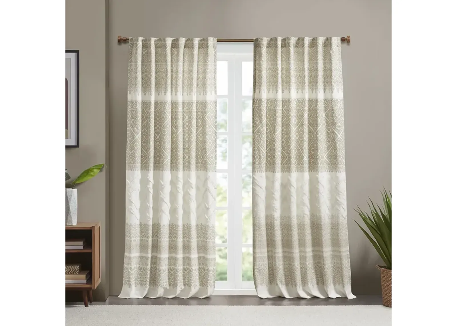 INK+IVY Mila Taupe Cotton Printed Curtain Panel with Chenille detail and Lining