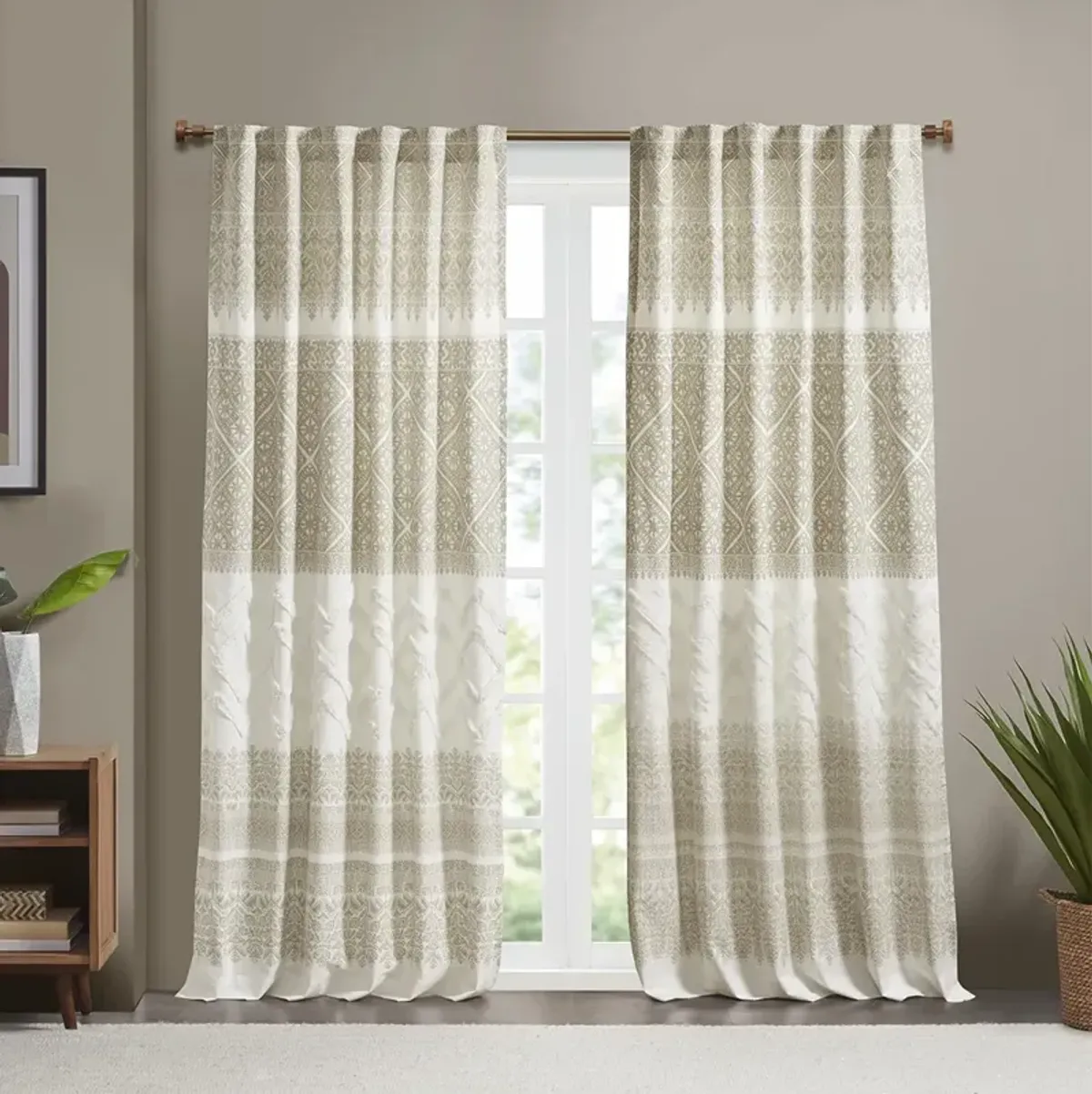 INK+IVY Mila Taupe Cotton Printed Curtain Panel with Chenille detail and Lining