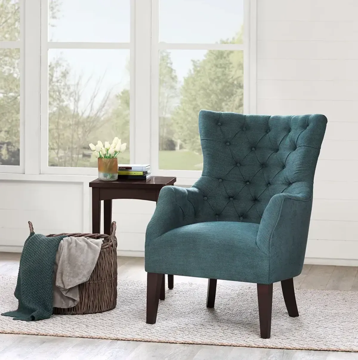 Madison Park Hannah Teal Button Tufted Wing Chair