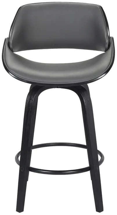 Mona 26" Counter Height Swivel Grey Faux Leather and Black Wood Bar Stool