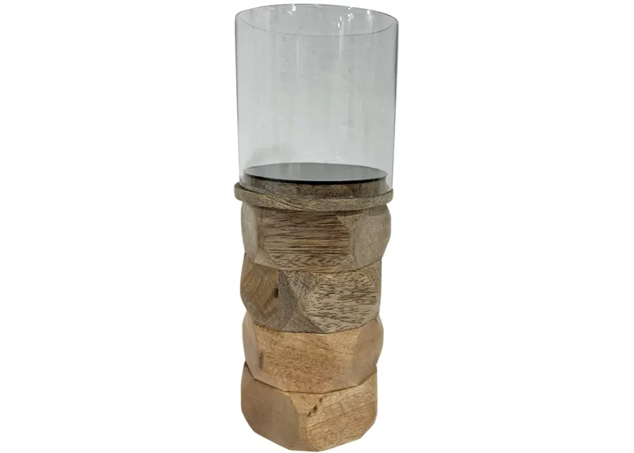 Wood, 10" Stacked Hexagon Pillar Hurricane, Natura