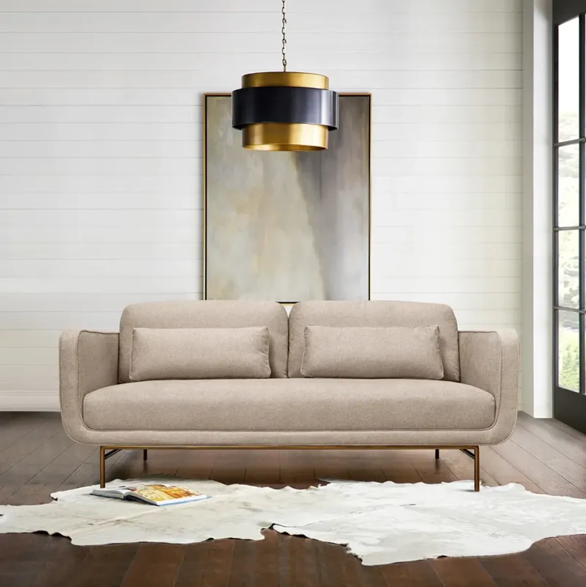 Lilou 77" Beige Fabric Sofa with Antique Brass Metal Legs