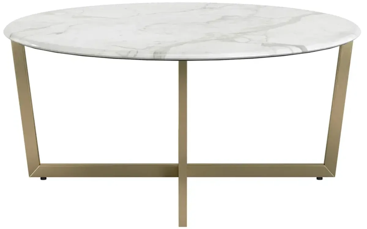 Llona 36" Round Coffee Table in White Marble Melamine with Matte Gold Base