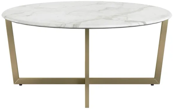 Llona 36" Round Coffee Table in White Marble Melamine with Matte Gold Base