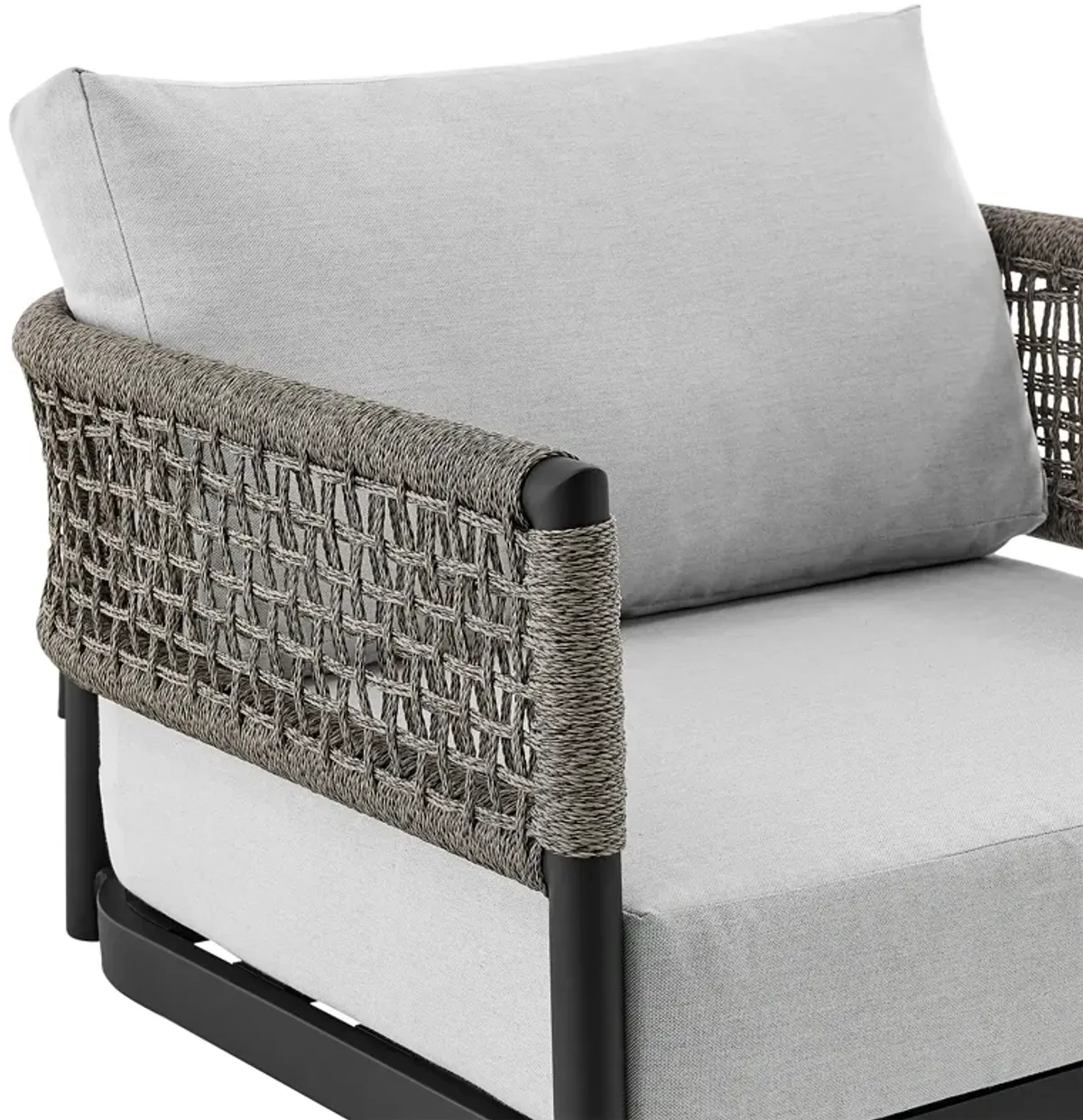 Felicia and Argiope 3 Piece Patio Outdoor Swivel Seating Set in Black Aluminum with Gray Rope and Cushions