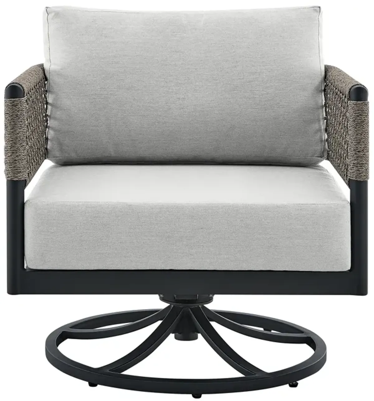 Felicia and Argiope 3 Piece Patio Outdoor Swivel Seating Set in Black Aluminum with Gray Rope and Cushions