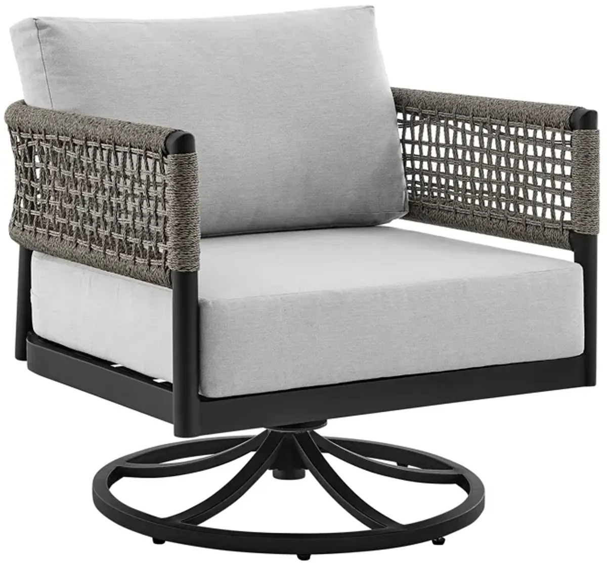 Felicia and Argiope 3 Piece Patio Outdoor Swivel Seating Set in Black Aluminum with Gray Rope and Cushions