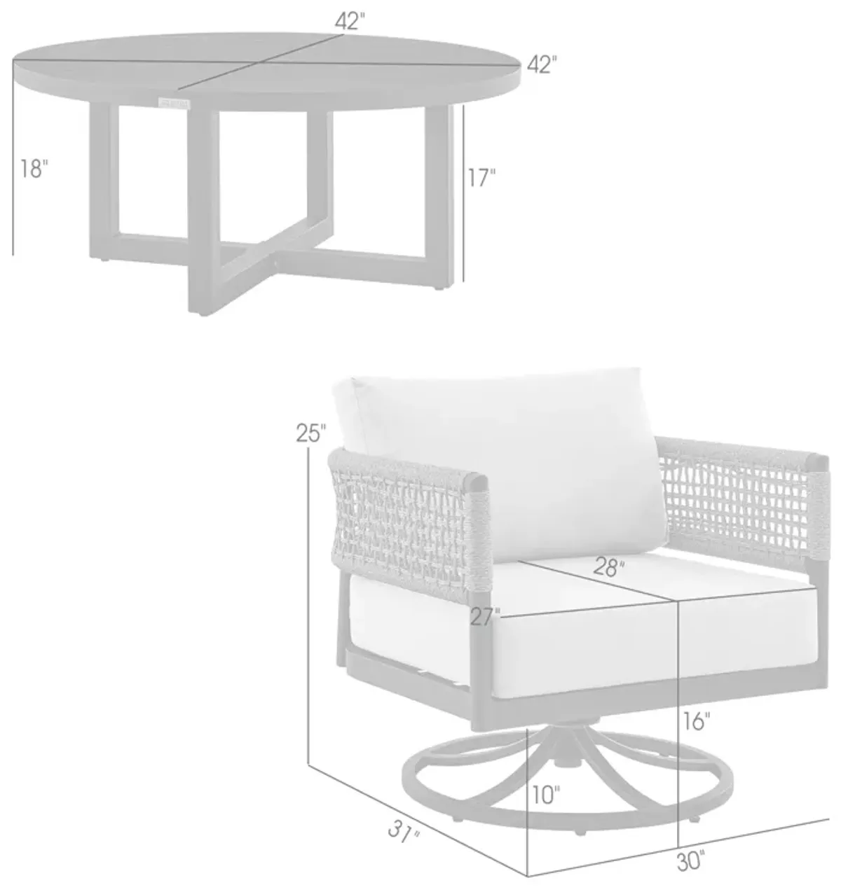 Felicia and Argiope 3 Piece Patio Outdoor Swivel Seating Set in Black Aluminum with Gray Rope and Cushions