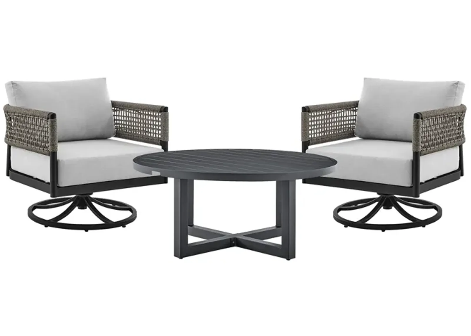 Felicia and Argiope 3 Piece Patio Outdoor Swivel Seating Set in Black Aluminum with Gray Rope and Cushions