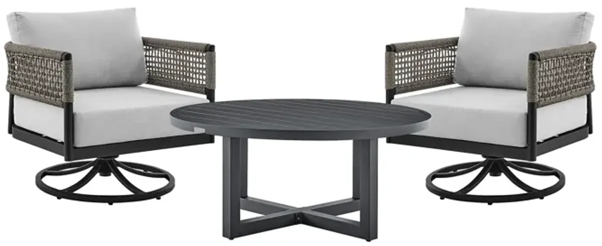 Felicia and Argiope 3 Piece Patio Outdoor Swivel Seating Set in Black Aluminum with Gray Rope and Cushions