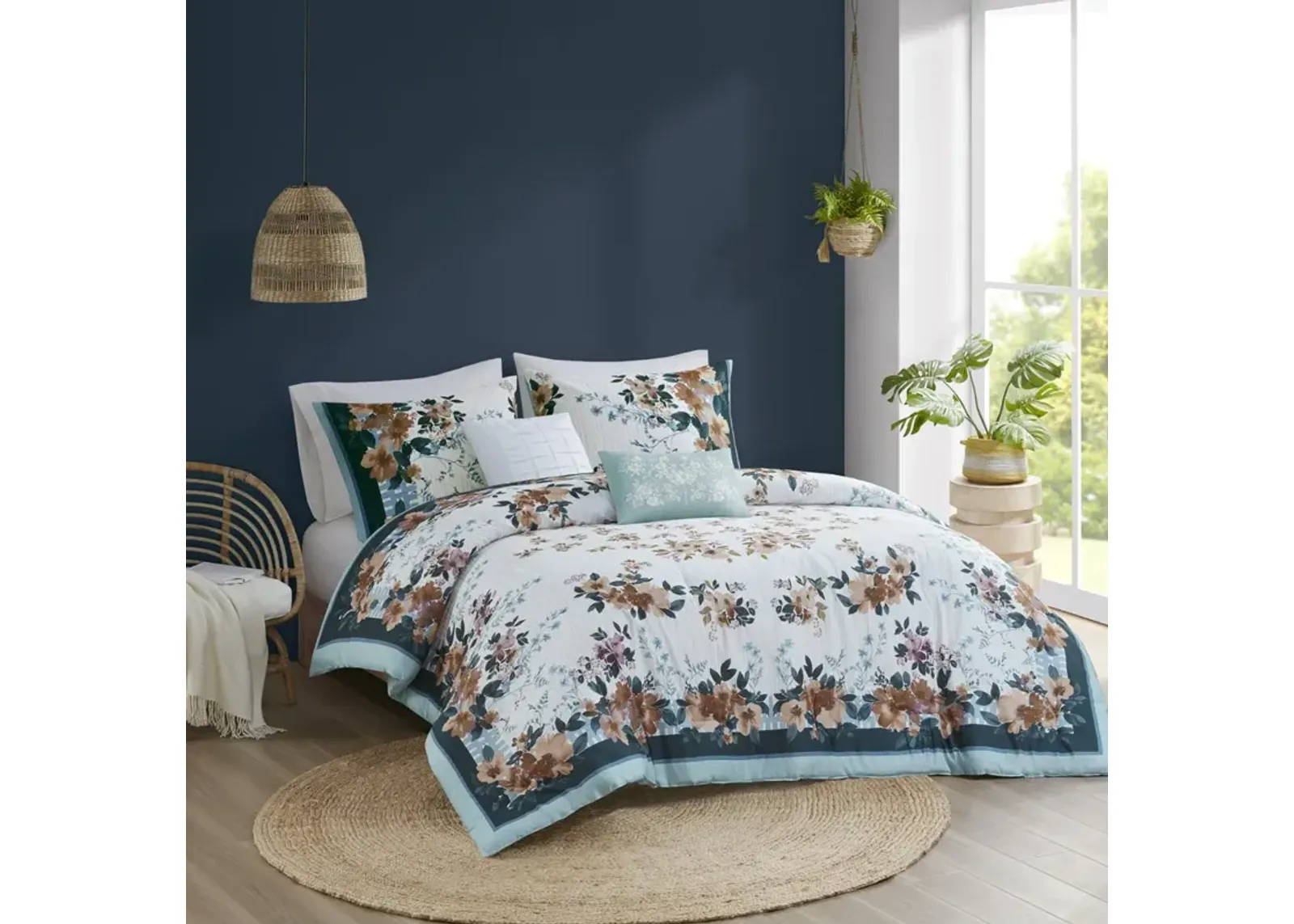 Madison Park Jules Teal 5 Piece Cotton Floral Comforter Set with Throw Pillows