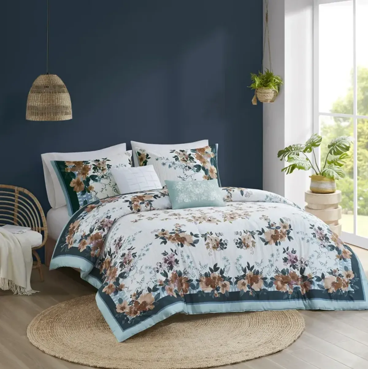 Madison Park Jules Teal 5 Piece Cotton Floral Comforter Set with Throw Pillows