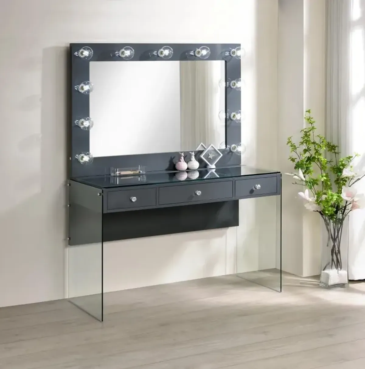 Afshan 3-drawer Vanity Desk with Lighting Mirror Grey High Gloss