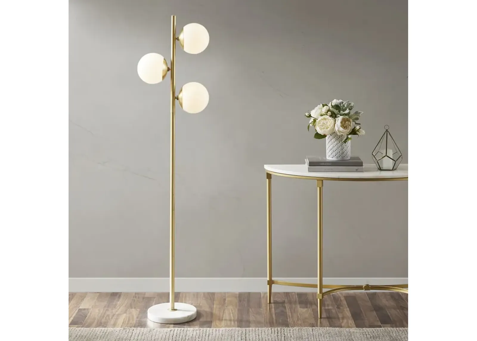 INK+IVY Holloway White/Gold 3-Globe Light Floor Lamp with Marble Base