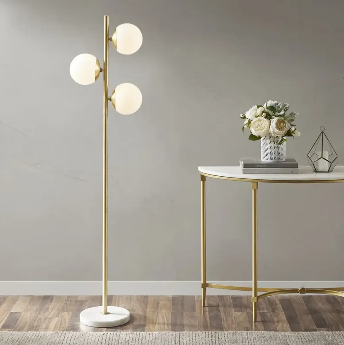 INK+IVY Holloway White/Gold 3-Globe Light Floor Lamp with Marble Base