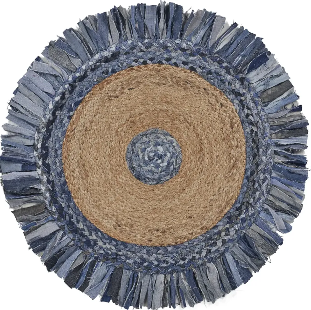 Nature Denim Blue/ Tan Bohemian Chindi Cotton Blend Indoor Round Area Rug 5'6"