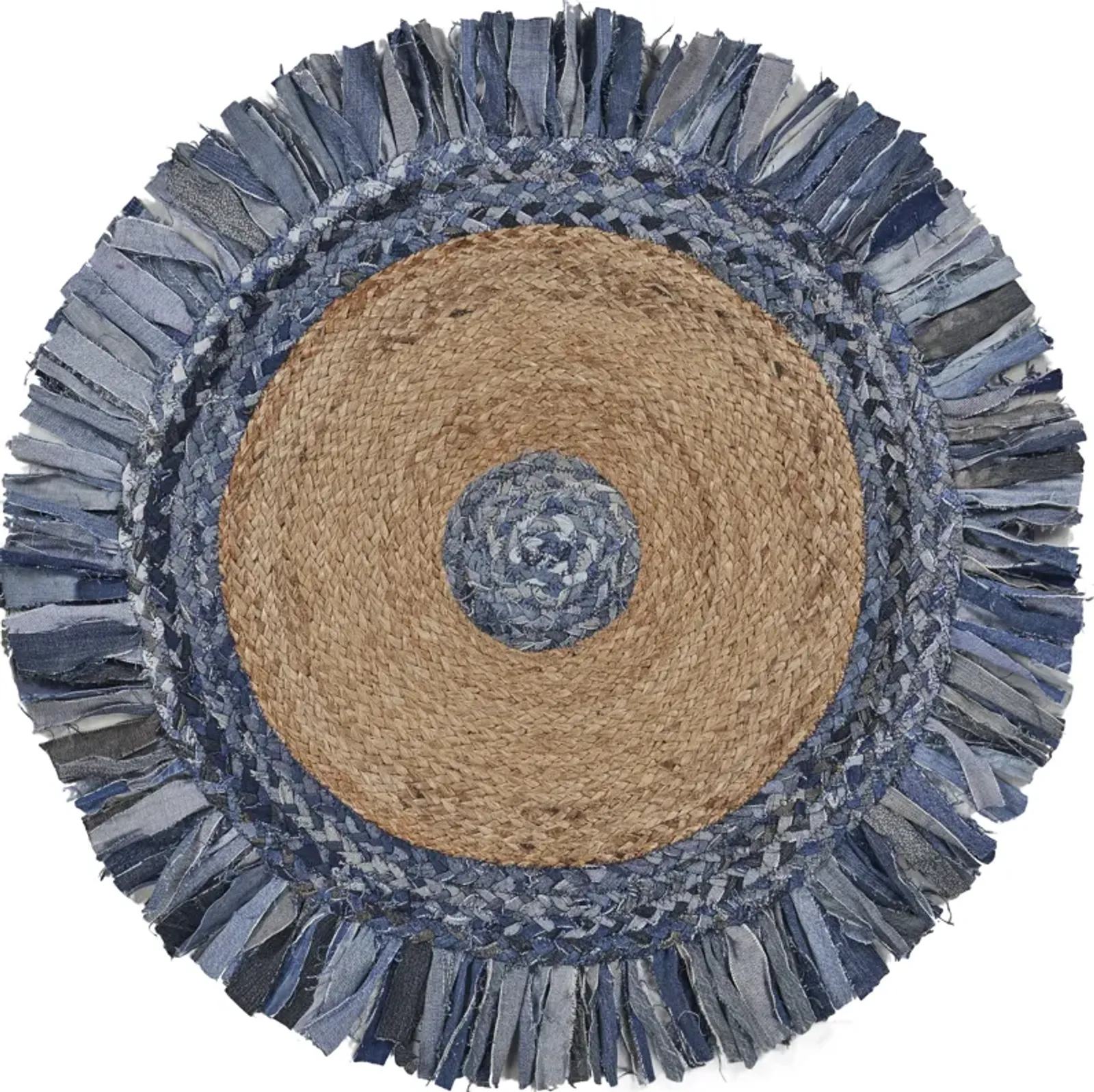 Nature Denim Blue/ Tan Bohemian Chindi Cotton Blend Indoor Round Area Rug 5'6"