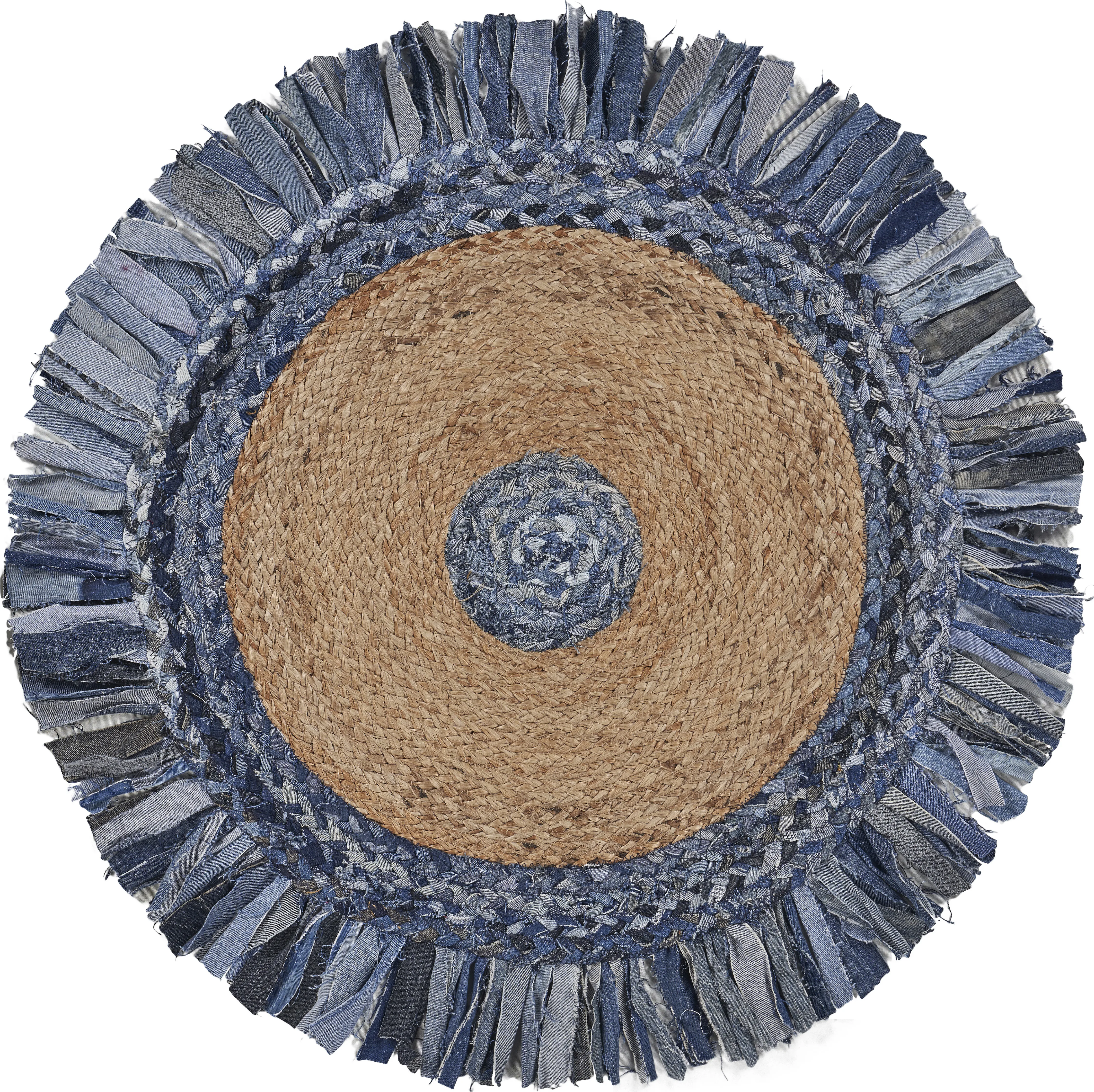 Nature Denim Blue/ Tan Bohemian Chindi Cotton Blend Indoor Round Area Rug 5'6"