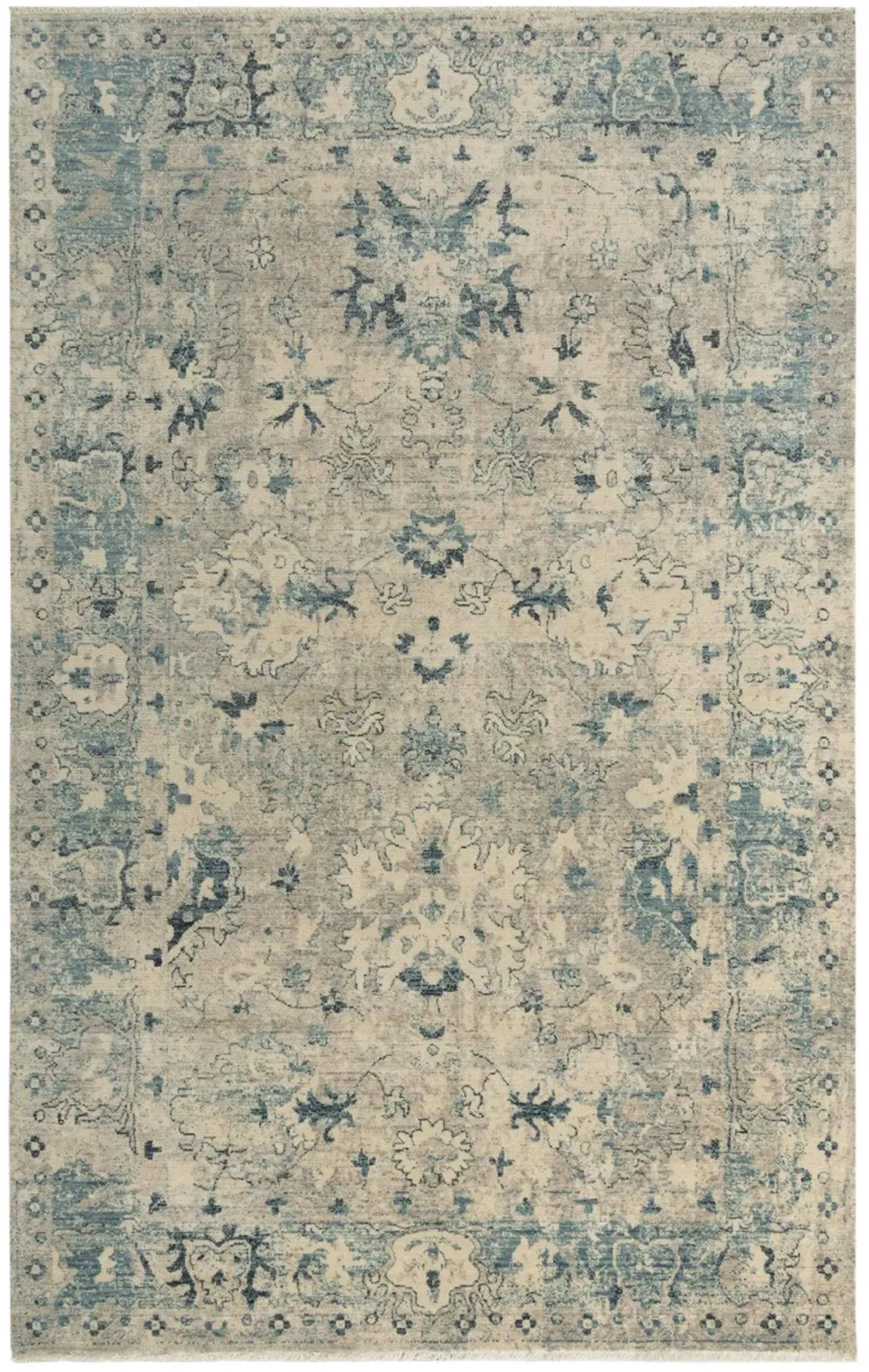 Platinum Beige/Blue Distressed Classical Proprietary Wool 8' x 10' Rectangle Rug