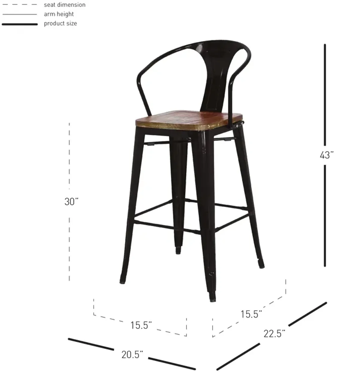 Metropolis Metal Bar Stool Wood Seat, Black (Set of 4)