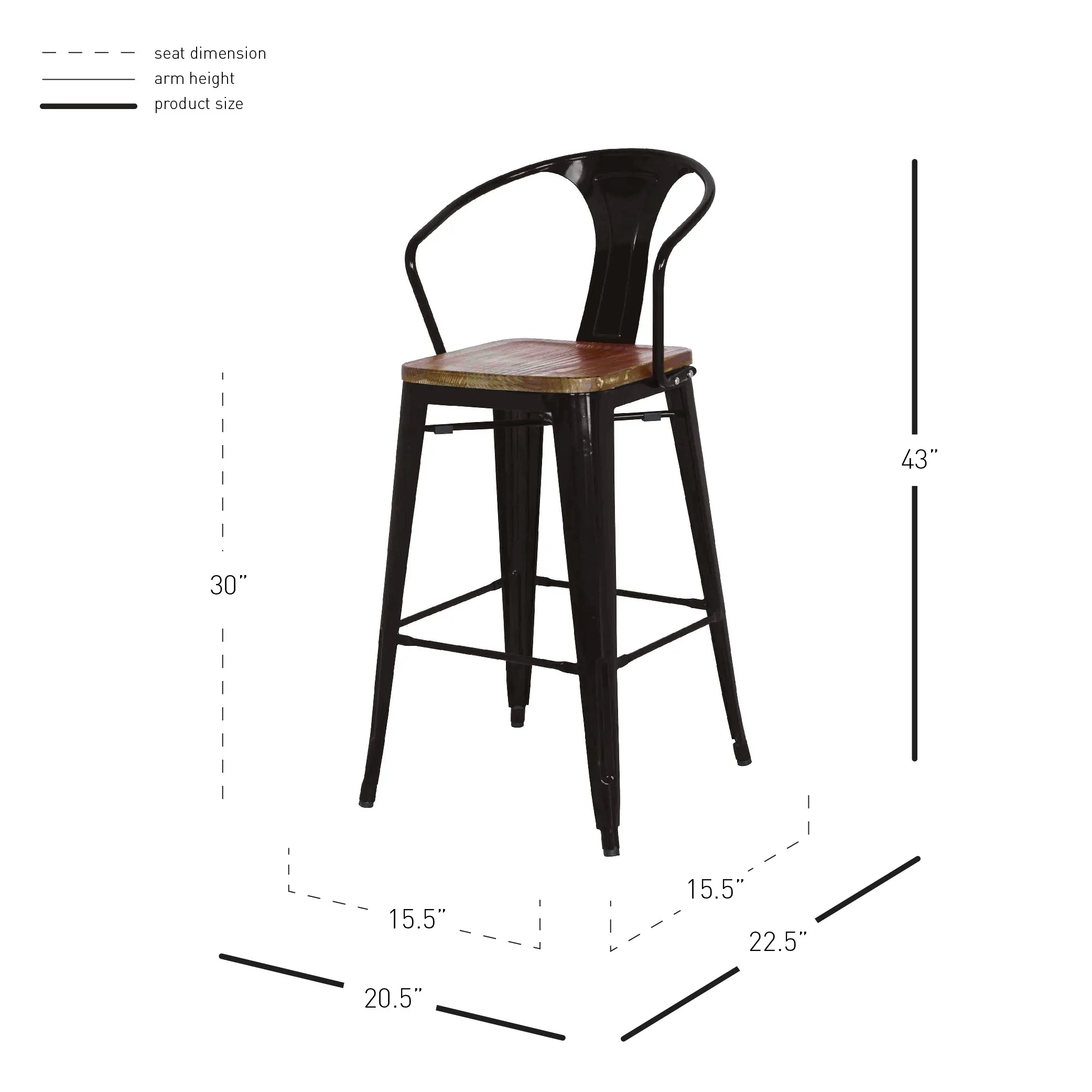 Metropolis Metal Bar Stool Wood Seat, Black (Set of 4)