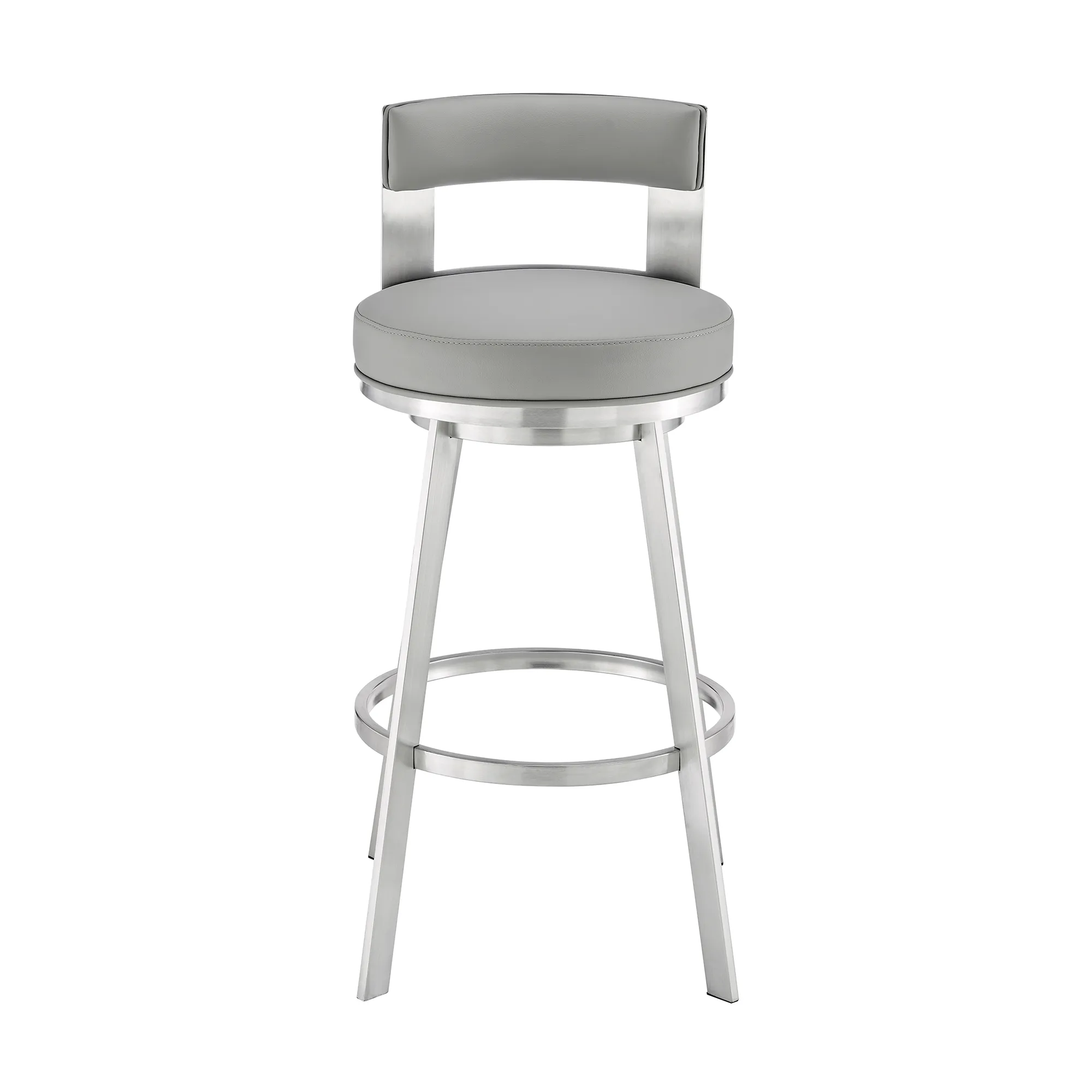 Flynn 30" Swivel Bar Stool in Brushed Stainless Steel with Light Gray Faux Leather