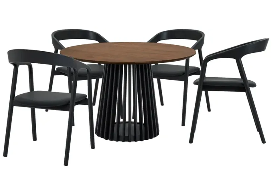 Pasadena Apache 5 Piece Round Dining Set in Walnut and Black Oak Finish with Faux Leather