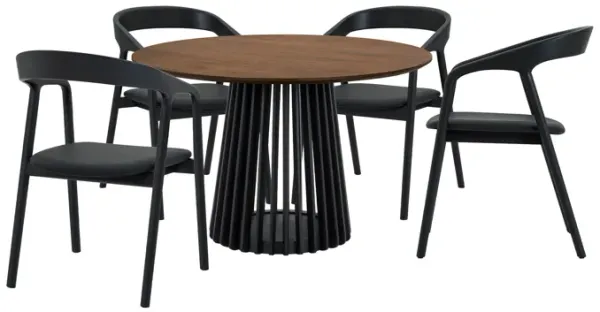 Pasadena Apache 5 Piece Round Dining Set in Walnut and Black Oak Finish with Faux Leather