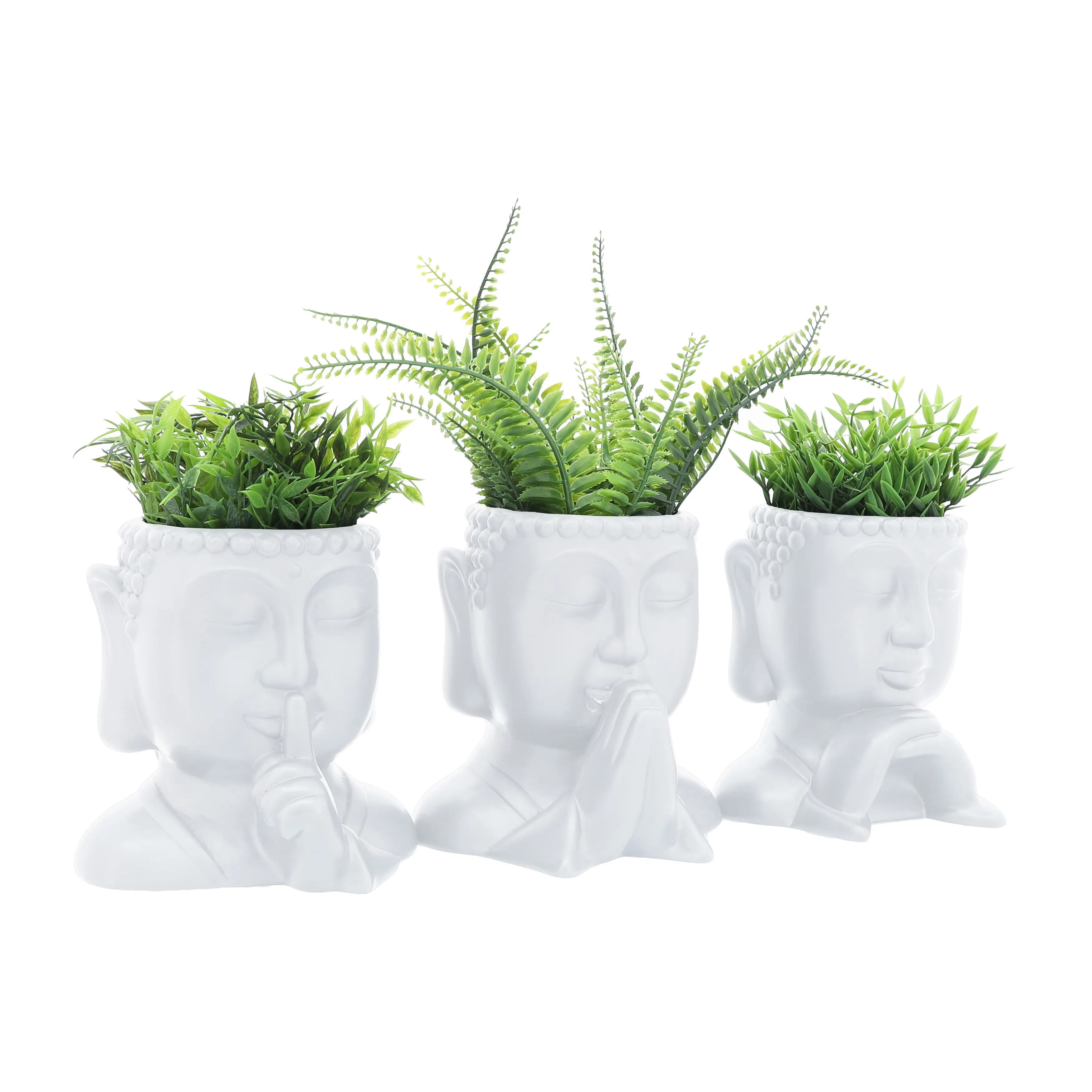 Cer, S/3 7"h Buddha Head Planters, White