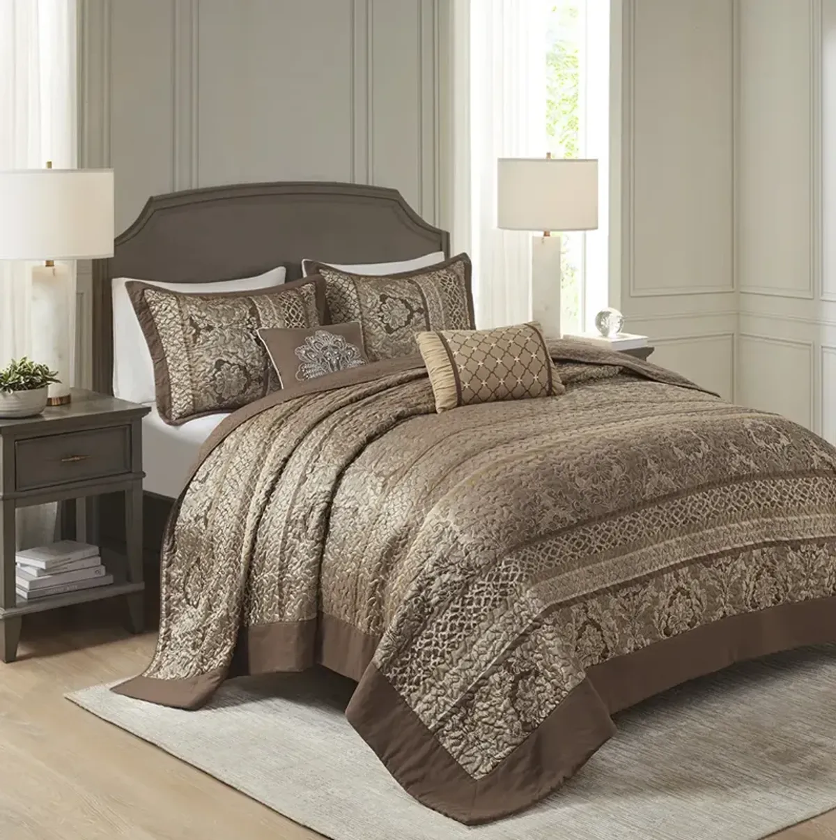 Madison Park Bellagio Brown/Gold 5 Piece Reversible Jacquard Bedspread Set