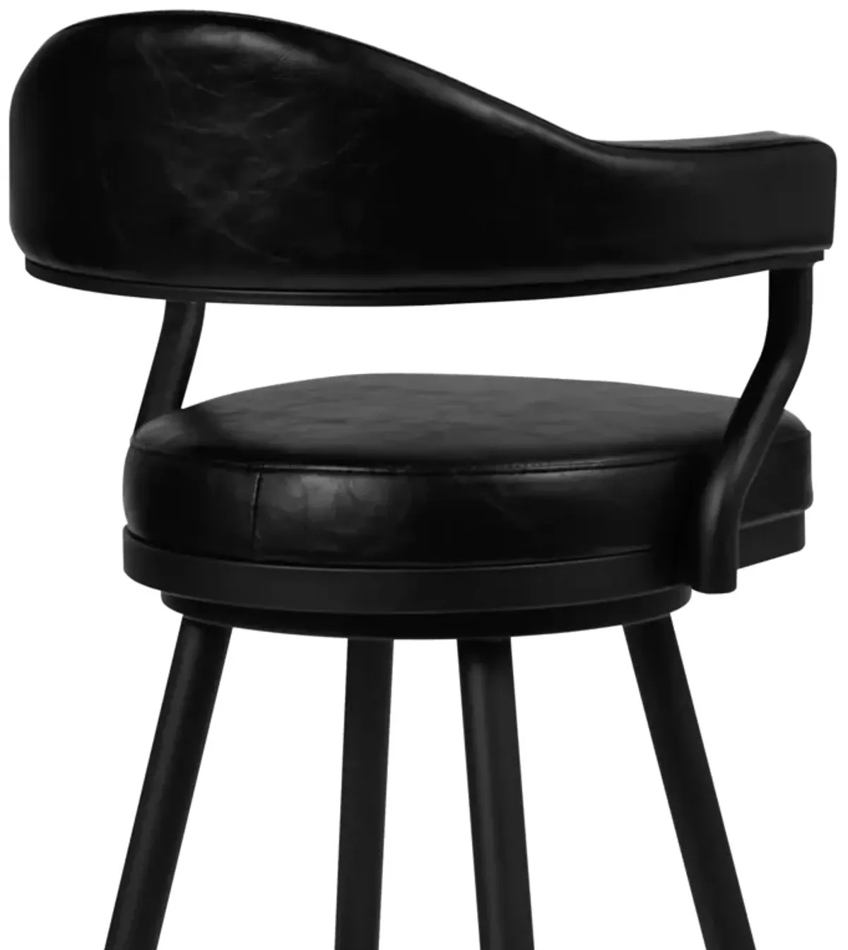 Justin 30" Bar Height Swivel Vintage Black Faux Leather Bar Stool with Black Metal Legs