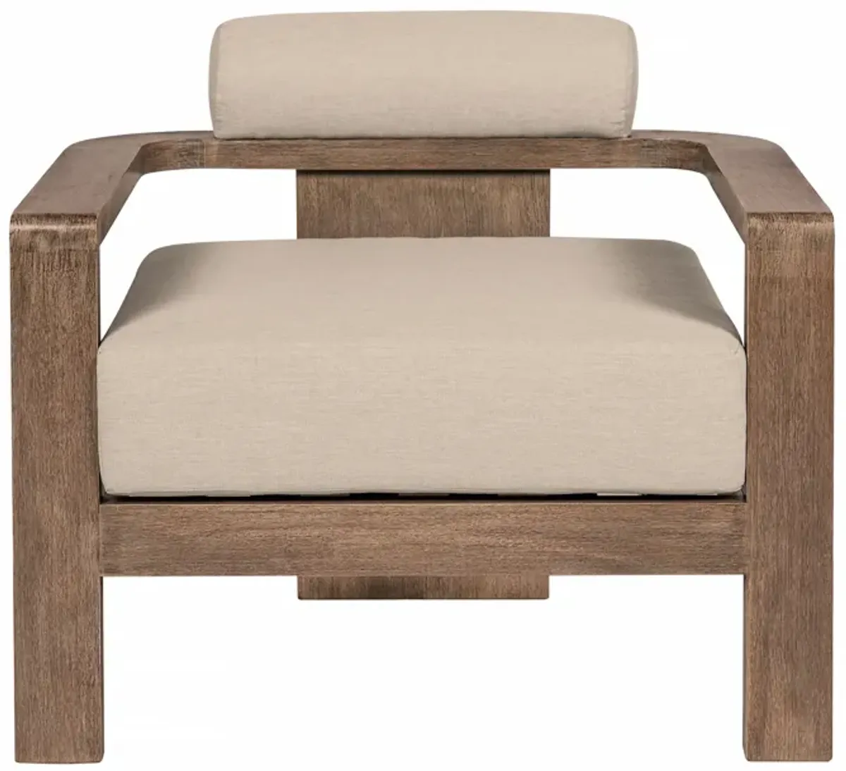 Relic Outdoor Patio Chair in Weathered Eucalyptus Wood with Taupe Olefin Cushions