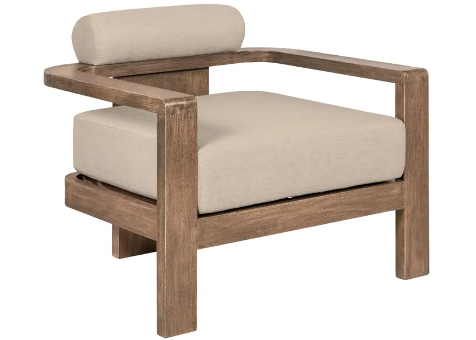 Relic Outdoor Patio Chair in Weathered Eucalyptus Wood with Taupe Olefin Cushions