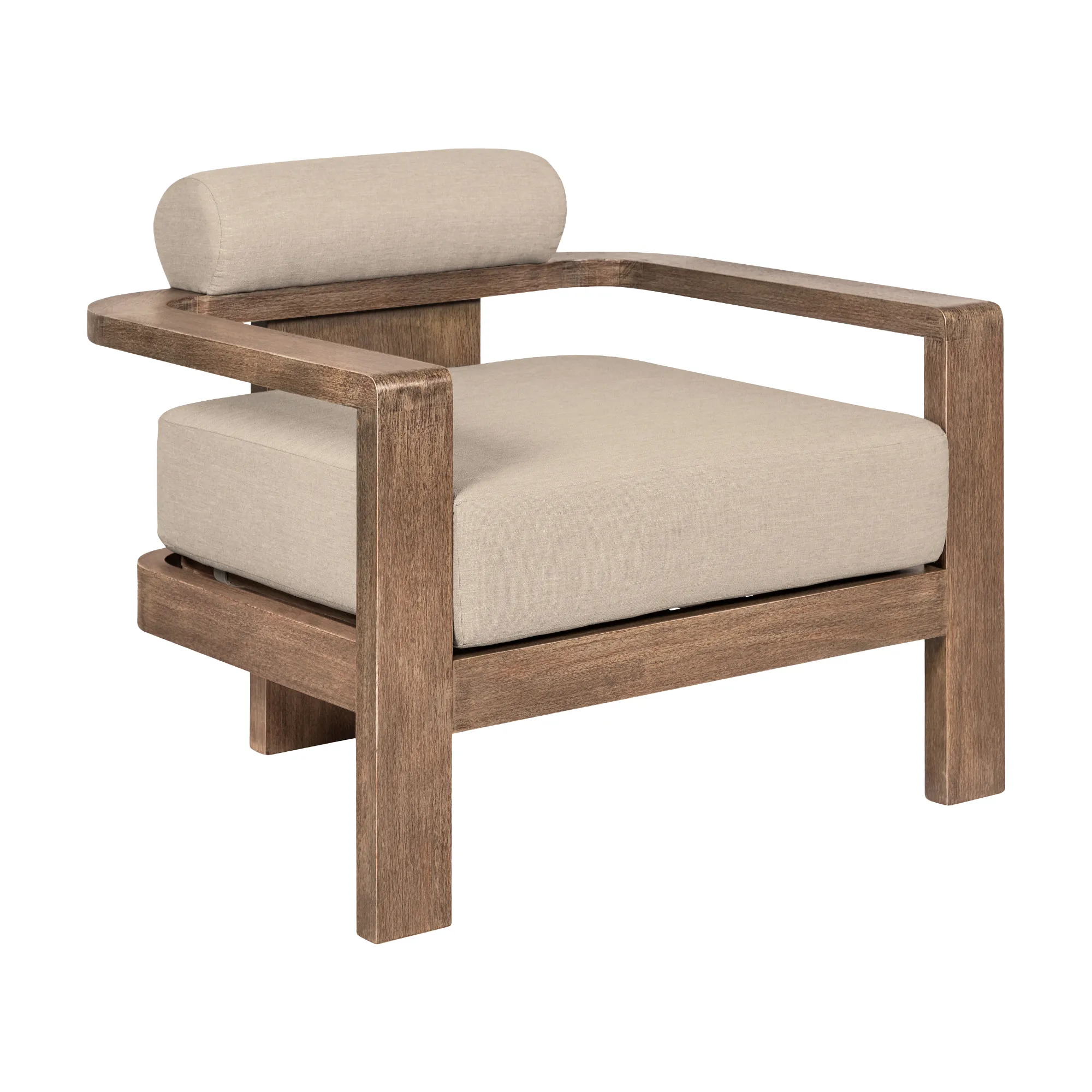 Relic Outdoor Patio Chair in Weathered Eucalyptus Wood with Taupe Olefin Cushions