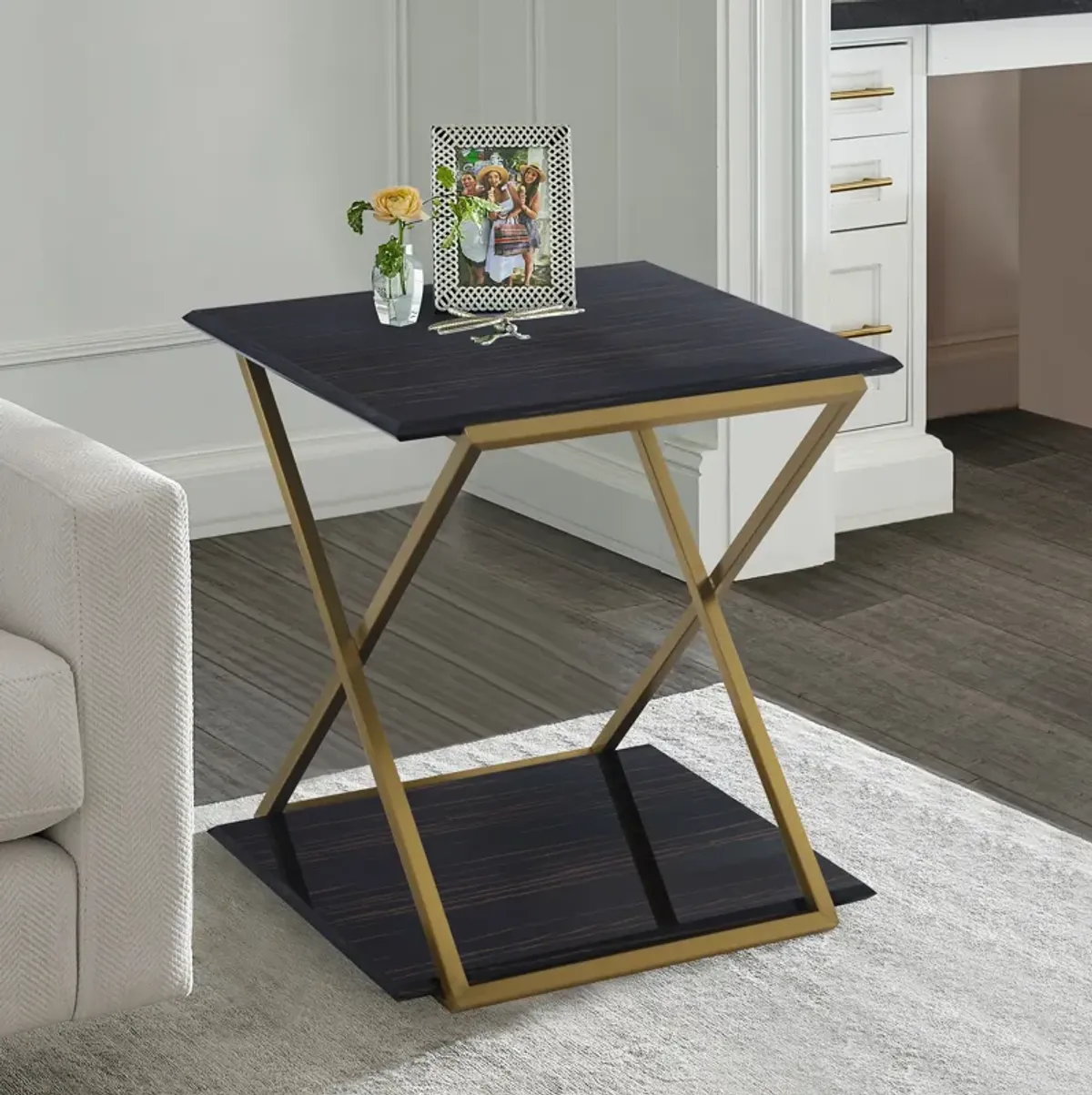 Westlake Dark Brown Veneer End Table with Brushed Gold Legs