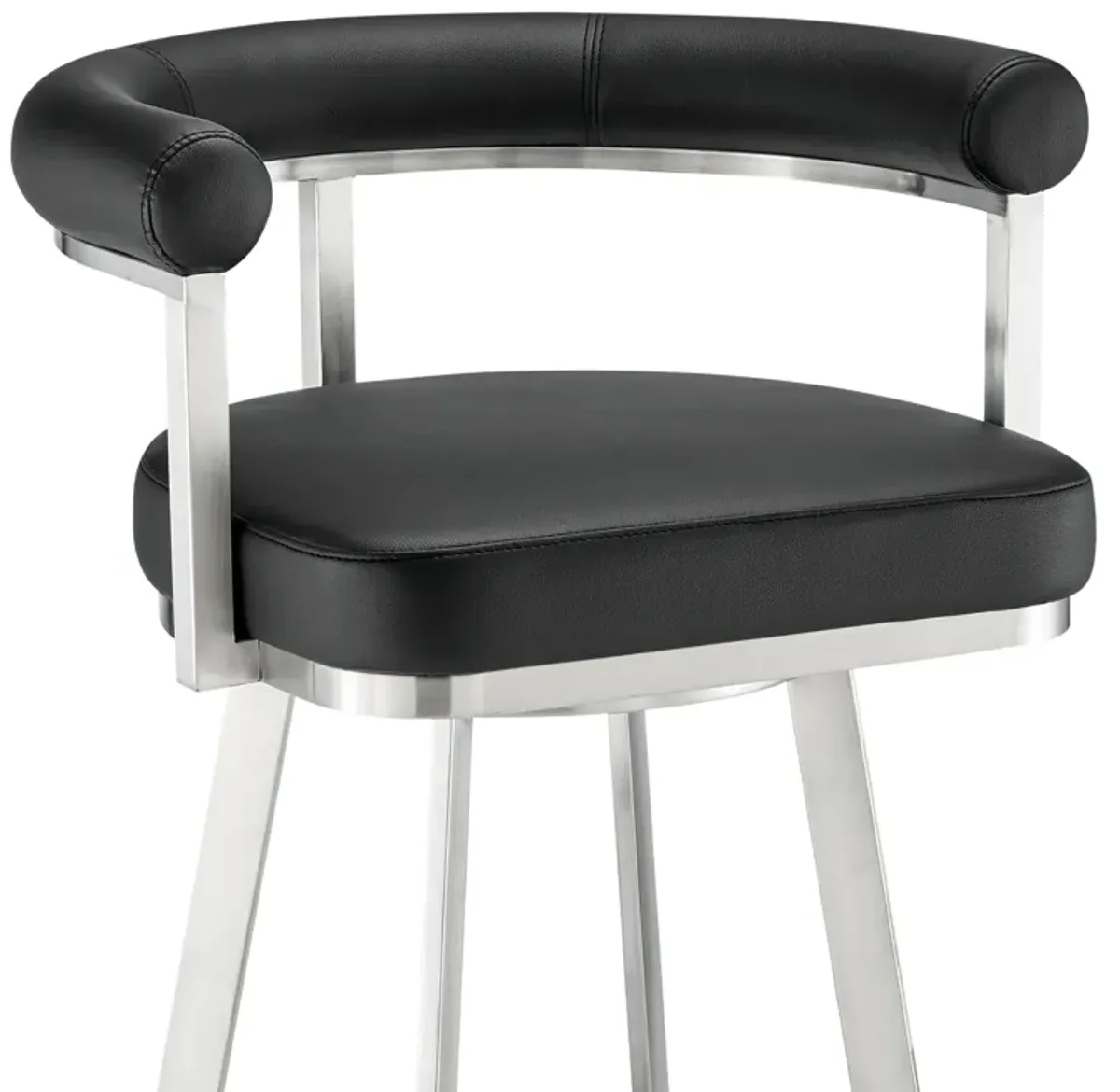 Nolagam Swivel Bar Stool in Brushed Stainless Steel with Black Faux Leather