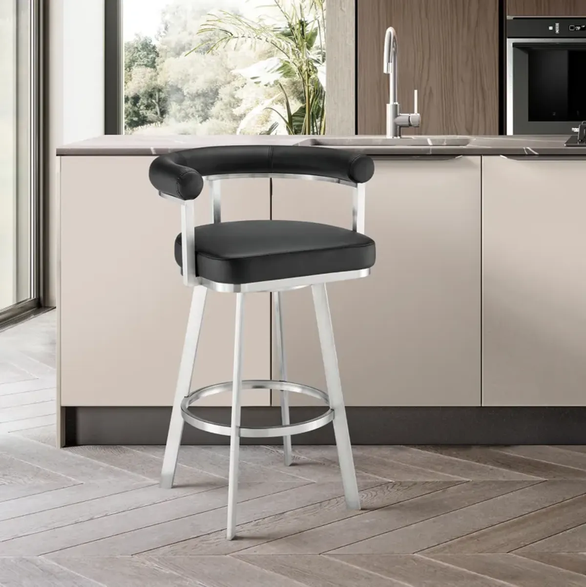 Nolagam Swivel Bar Stool in Brushed Stainless Steel with Black Faux Leather