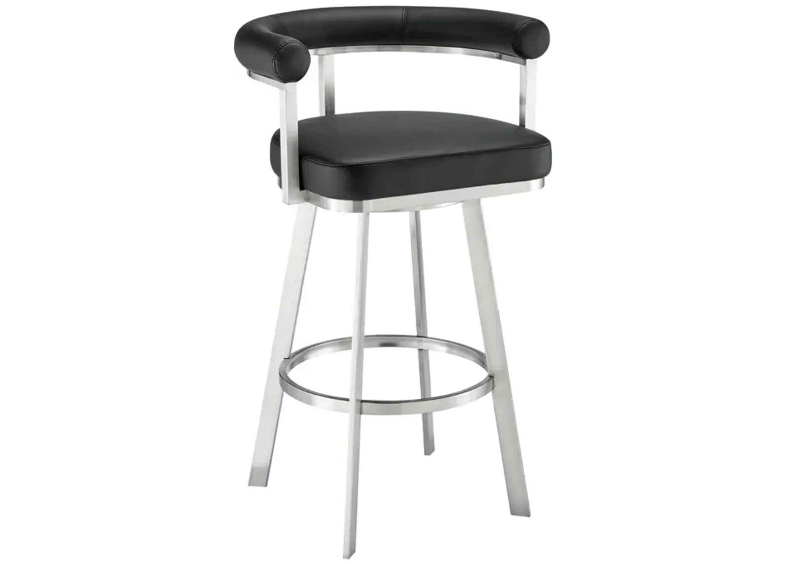 Nolagam Swivel Bar Stool in Brushed Stainless Steel with Black Faux Leather