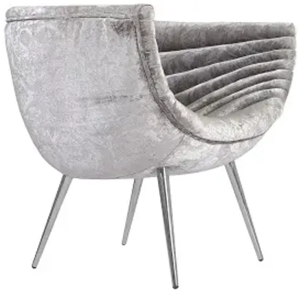 nouveau club chair, gray crushed velvet fabric, stainless steel legs