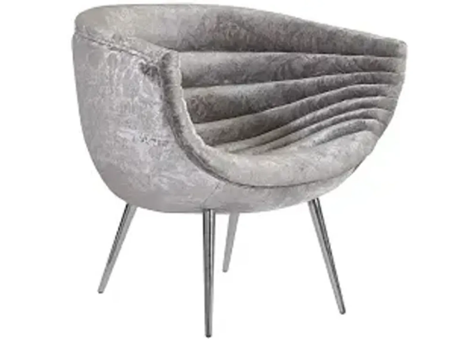 nouveau club chair, gray crushed velvet fabric, stainless steel legs