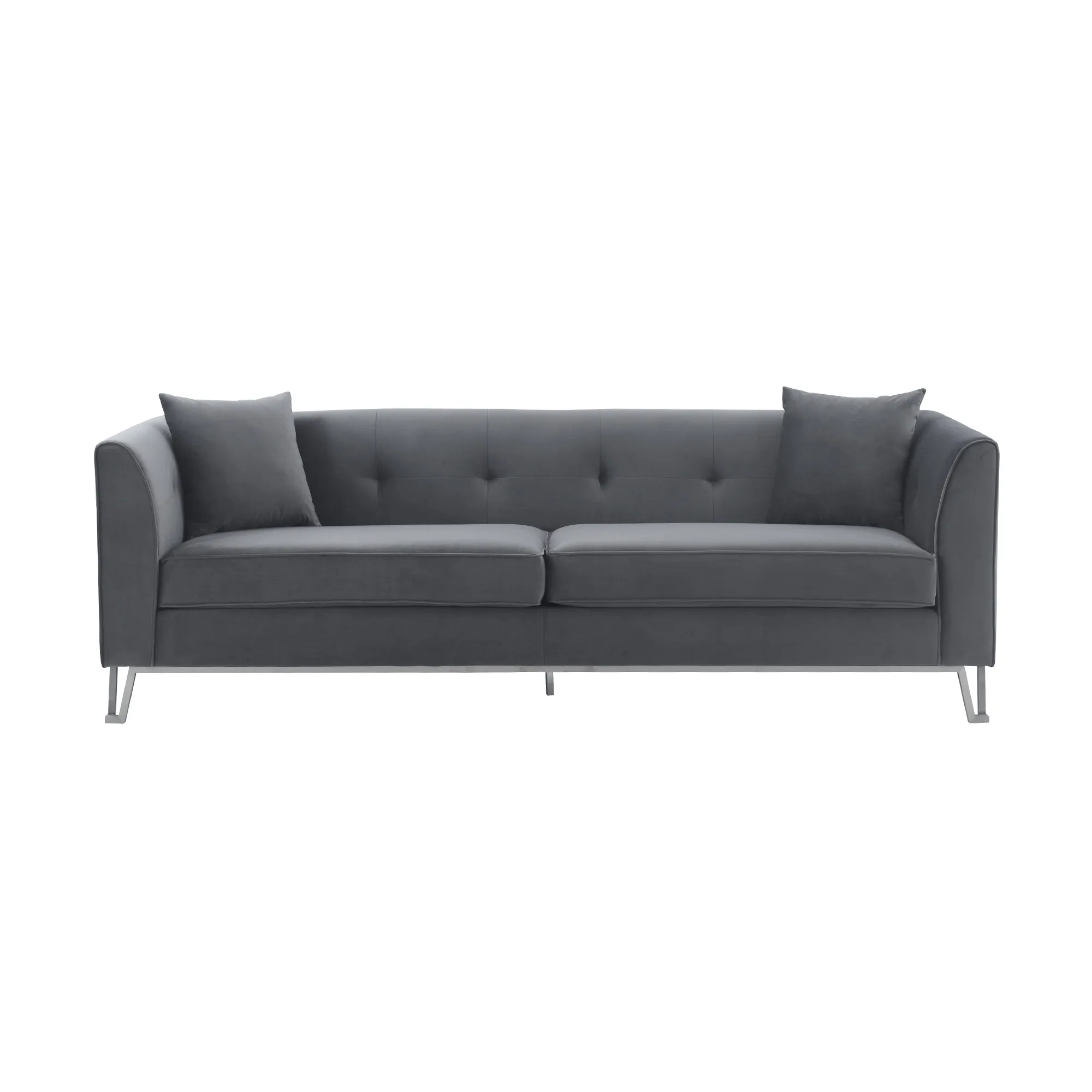 Everest 90" Gray Fabric Upholstered Sofa with Brushed Stainless Steel Legs