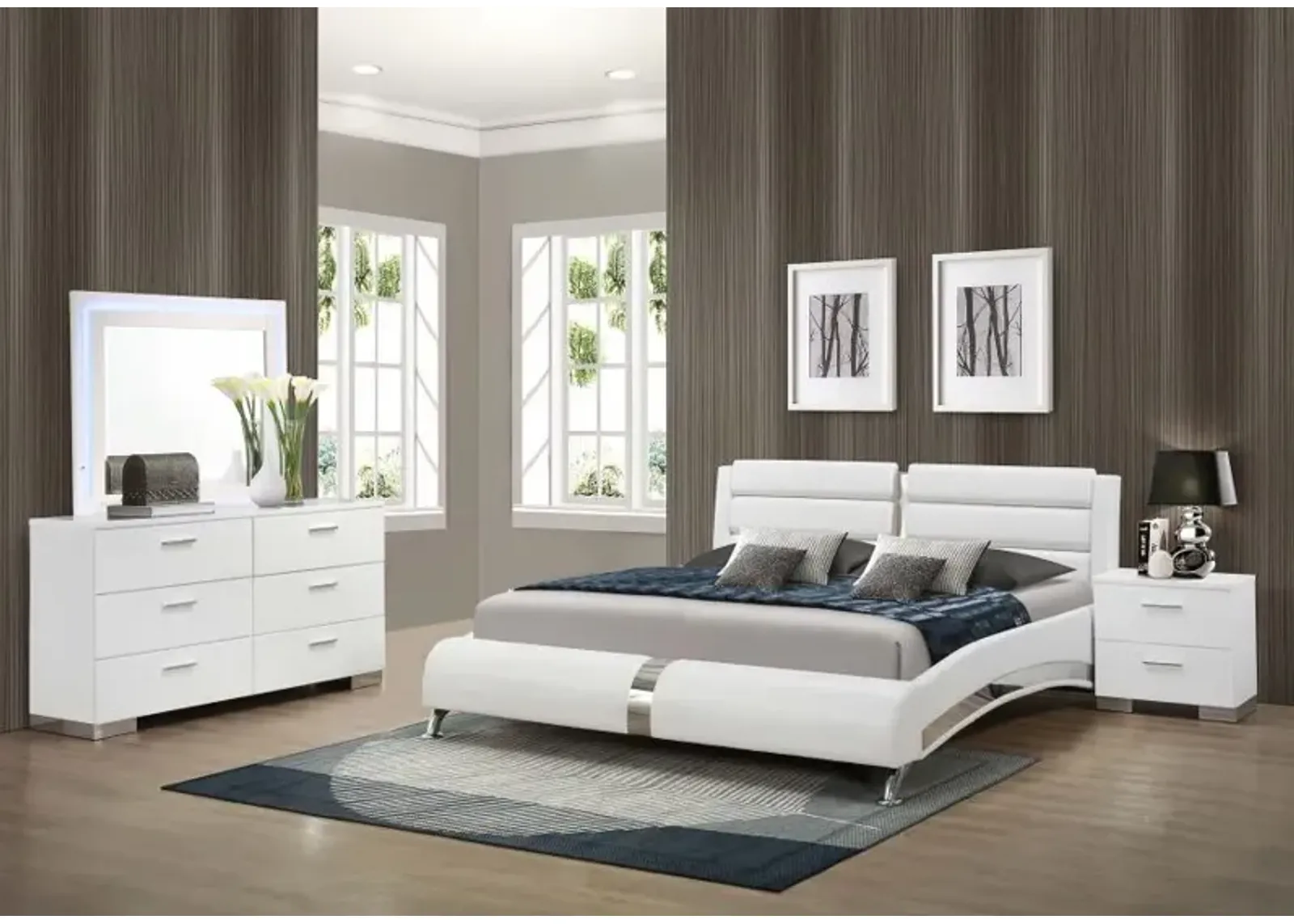 Jeremaine 4-piece Queen Bedroom Set with LED Mirror Glossy White