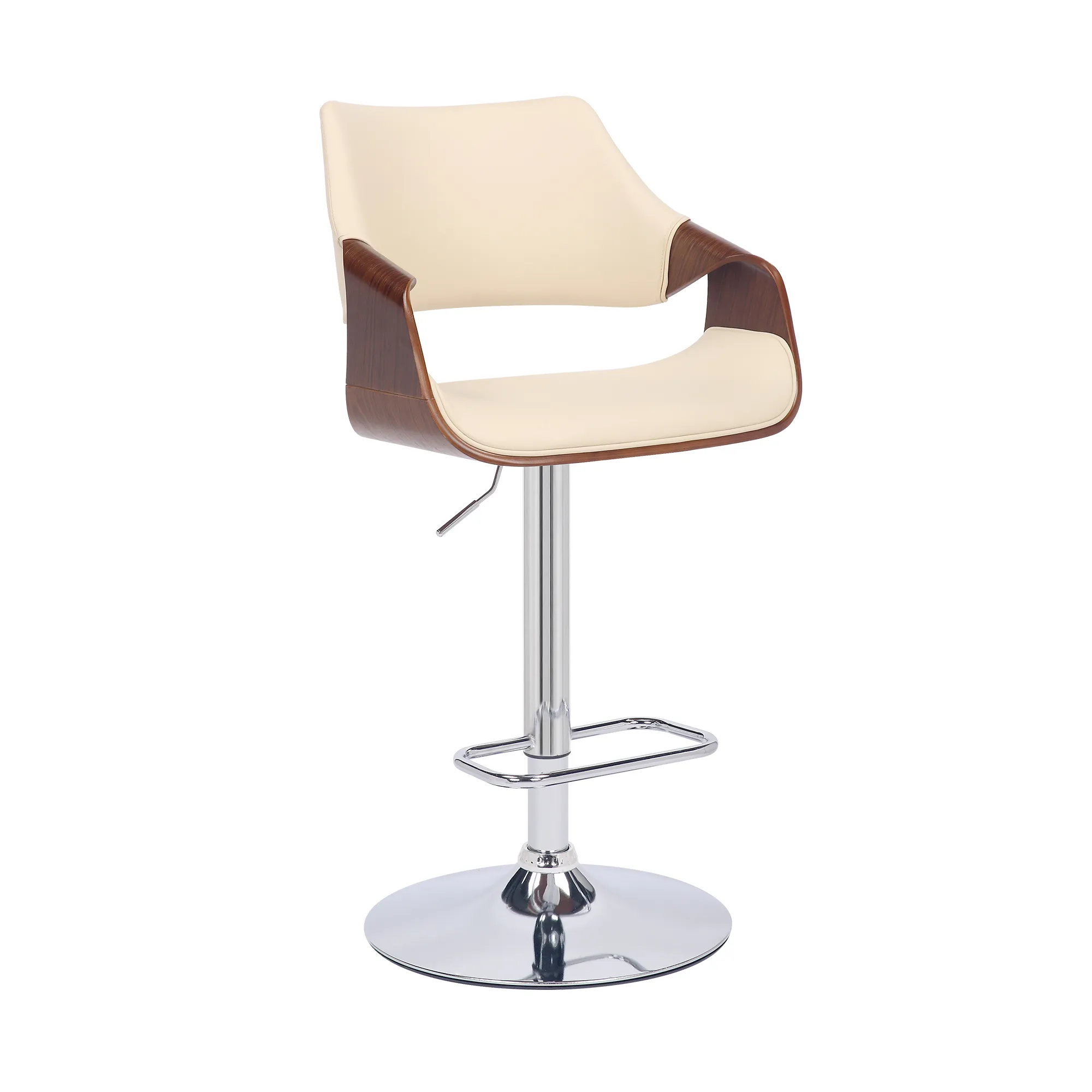 Aspen Adjustable Swivel Cream Faux Leather and Walnut Wood Bar Stool with Chrome Base