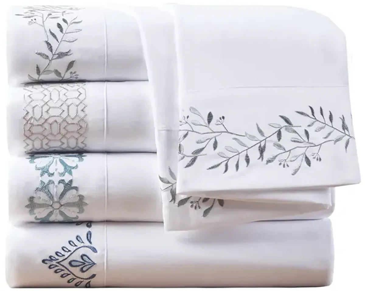 Madison Park Embroidered Microfiber Green Vine Leaves 4 PC Sheet Set