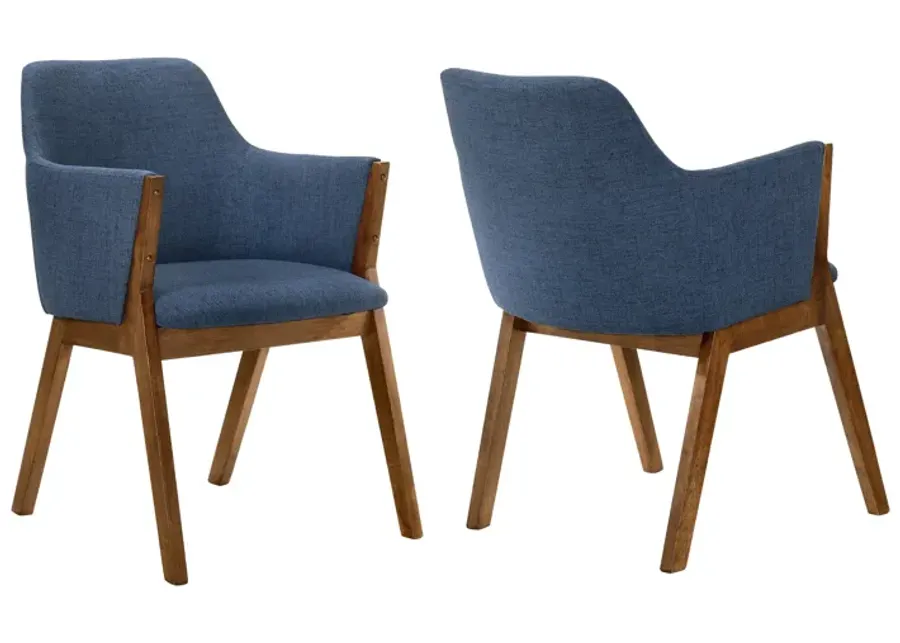 Renzo Blue Fabric and Walnut Wood Dining Side Chairs - Set of 2