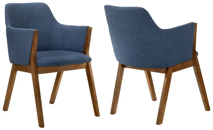 Renzo Blue Fabric and Walnut Wood Dining Side Chairs - Set of 2